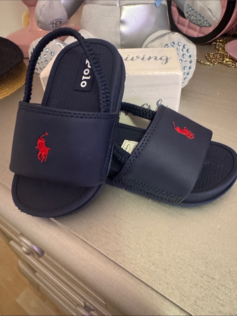 Polo by Ralph Lauren Navy Blue Kids Slide Sandals with Red Pony